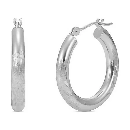 14K White Gold Satin Diamond Cut 3mm Hoop Earrings for Women - 20mm (0.8 Inch) Diameter