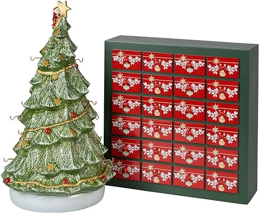 Villeroy & Boch – Christmas Toys Memory Advent Calendar Set 26 Pieces, 24 Porcelain Figures, Porcelain Christmas Tree 3D and Wooden Calendar, Xmas Decoration Indoor, Christmas Figurines Decorations