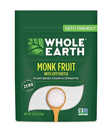 Whole Earth Sweetener Co. Monk Fruit Sweetener with Erythritol, Plant-Based Sugar Alternative, 12 Ounce (Pack of 4)