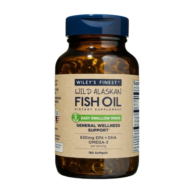 Wiley's Finest Wild Alaskan Fish Oil Easy Swallow Minis - Omega-3 Fish Oil Supplement for Adults and Kids - Double-Strength 630mg EPA and DHA Natural Supplement - 60 Mini Softgels (30 Servings)