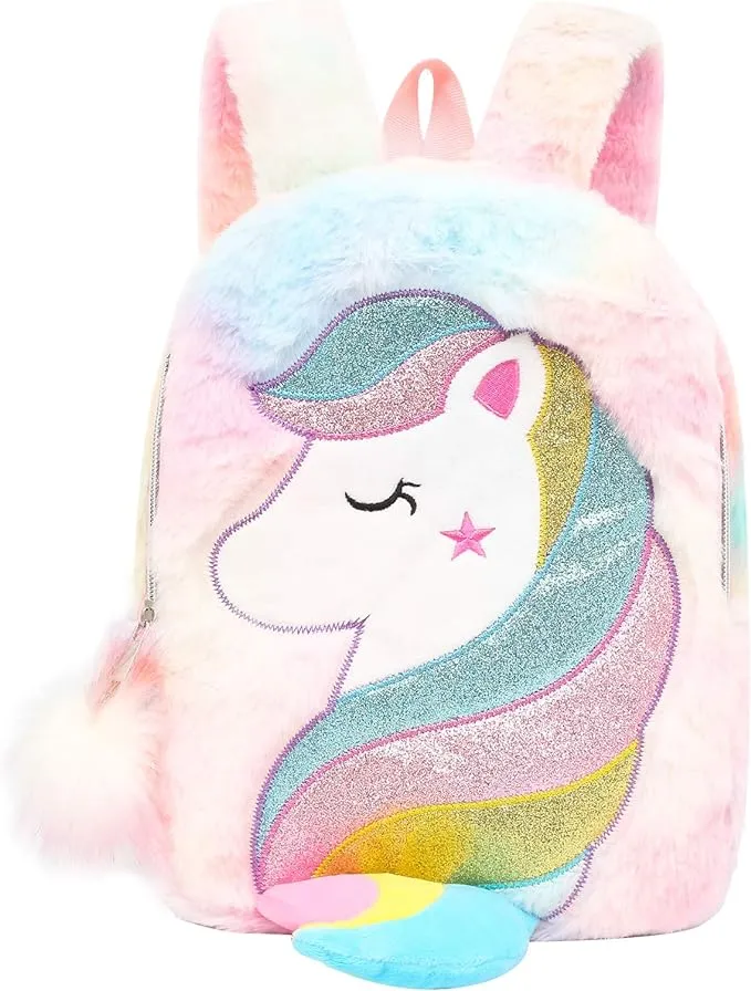  CBOALOGR Cute Plush Unicorn Toddler Small Backpack Little Plush Tail-purple