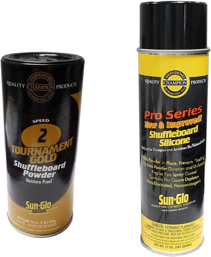 Sun-Glo Silicone Shuffleboard Spray (12 oz.) & #2 Speed Shuffleboard Powder - Tournament Gold (16 oz.) Combo