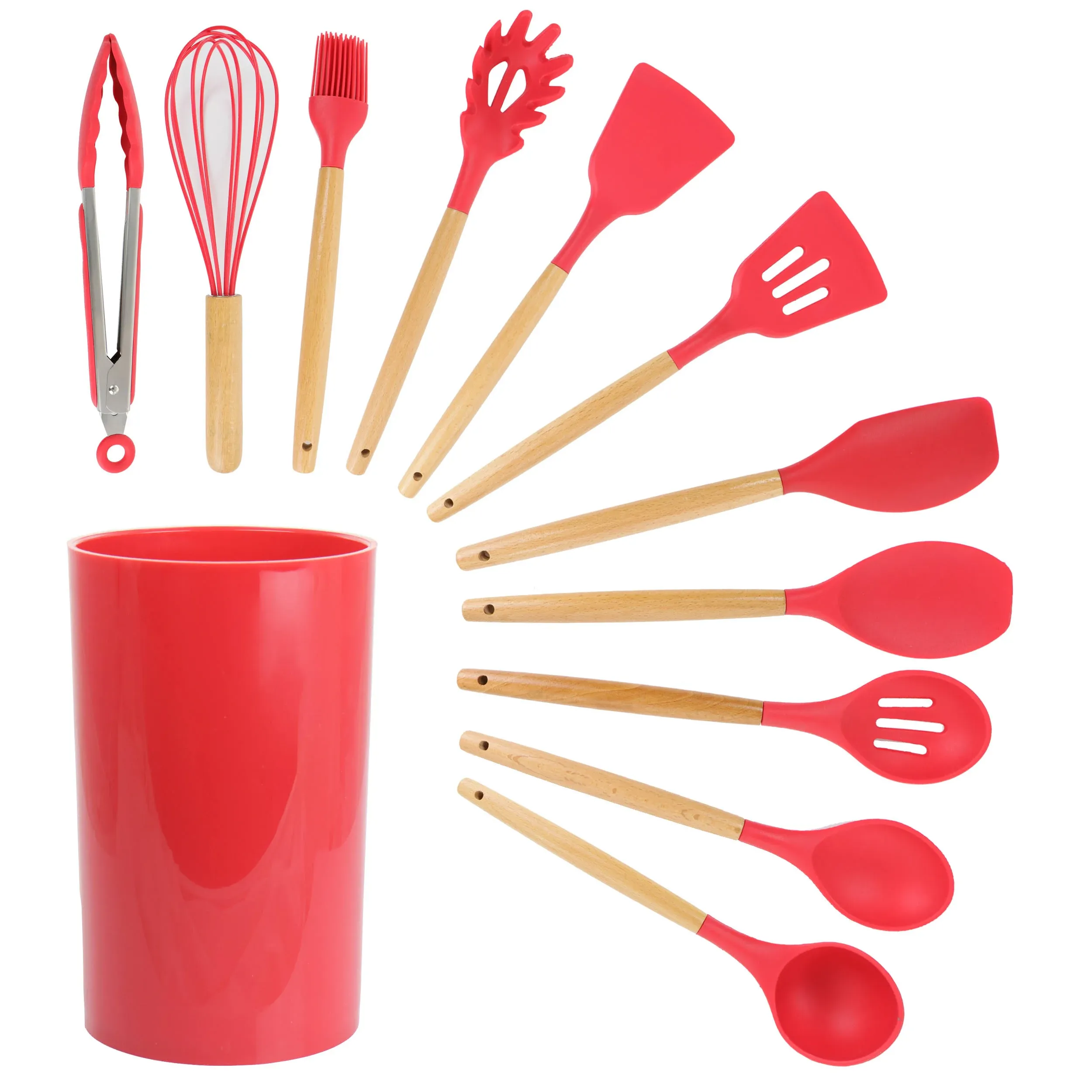 MegaChef Red Silicone and Wood Cooking Utensils, Set of 12 - 9884595 | HSN