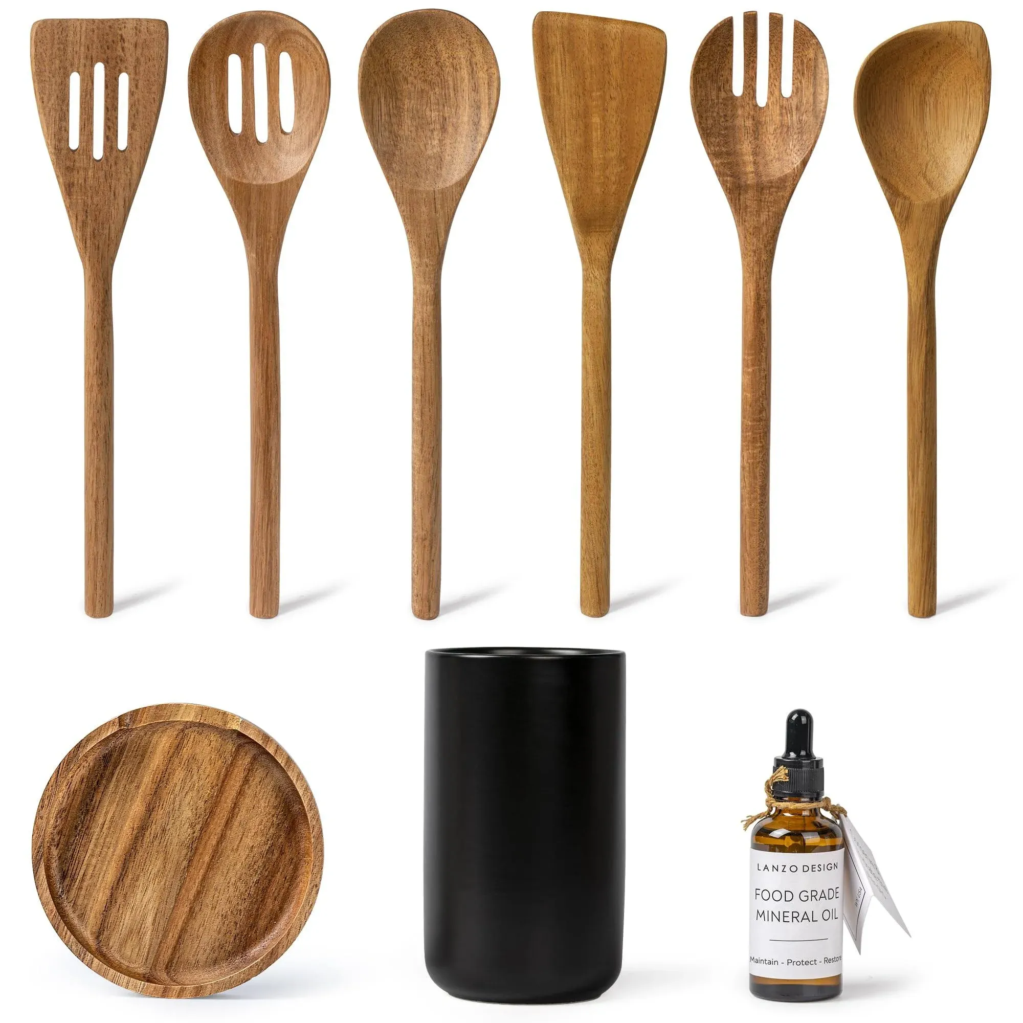 KITCHEN UTENSIL SET Wooden Cooking Utensils Black Holder 8 Pcs LANZO DESIGN