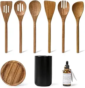 Kitchen Utensil Set, 8 pcs Wooden Cooking Utensils Spatula Set with Ceramic Holder (Black Holder)