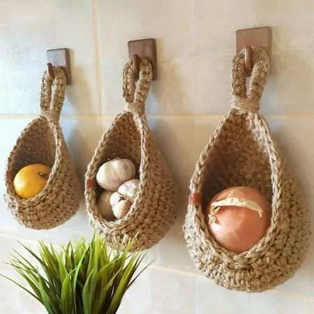 Boho Jute Hanging Basket - Wicker Hanging Fruit Basket for Fresh Produce Storage, Vegetable Keeper for Potato, Onion Garlic, Plant Holder - Handmade Kitchen Pantry Organizer (Medium (Thick))