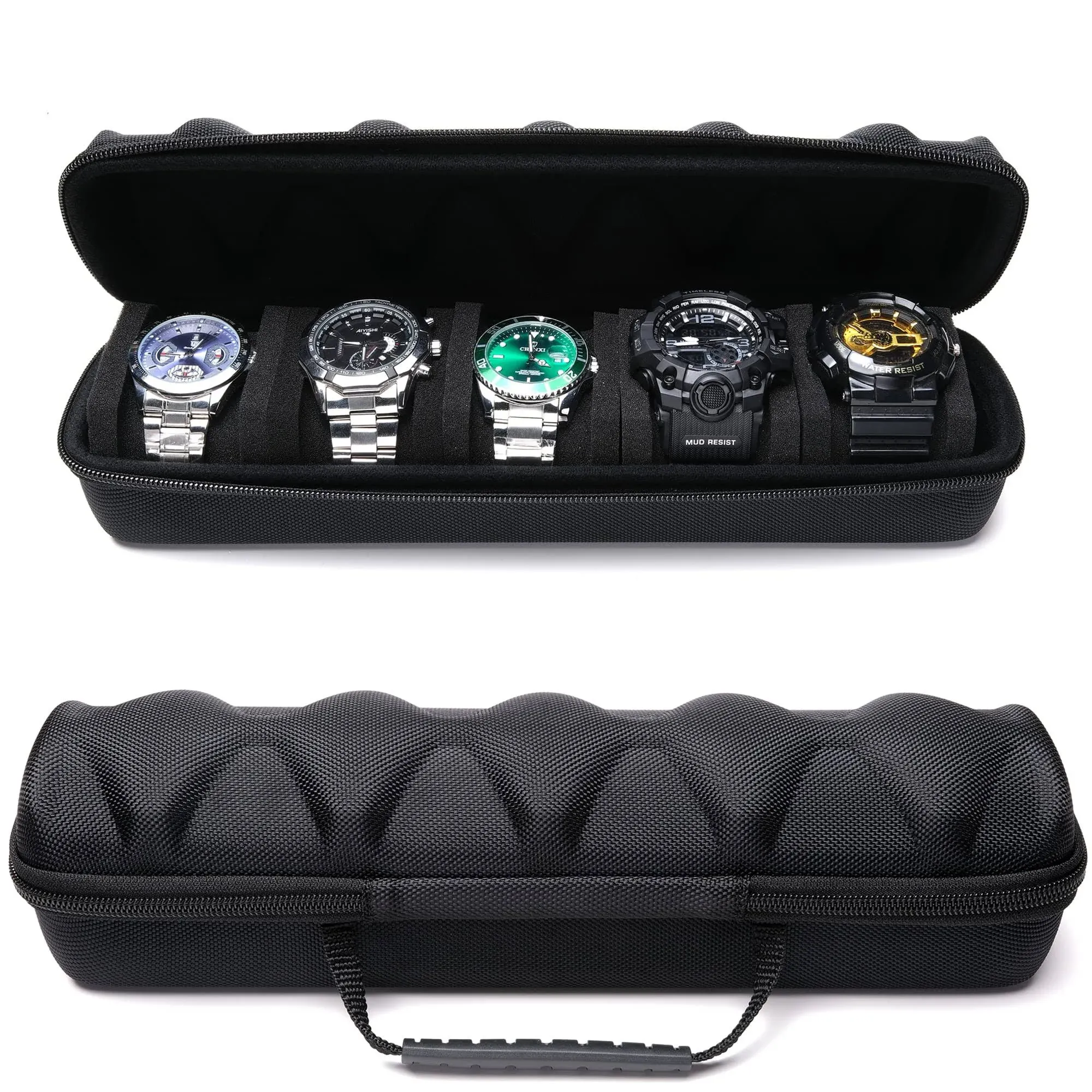 5 slots Hard men's watch travel case, Portable zipper storage organizer box with soft compressible foam pillow to fit large and small watches(Black, 5slot)