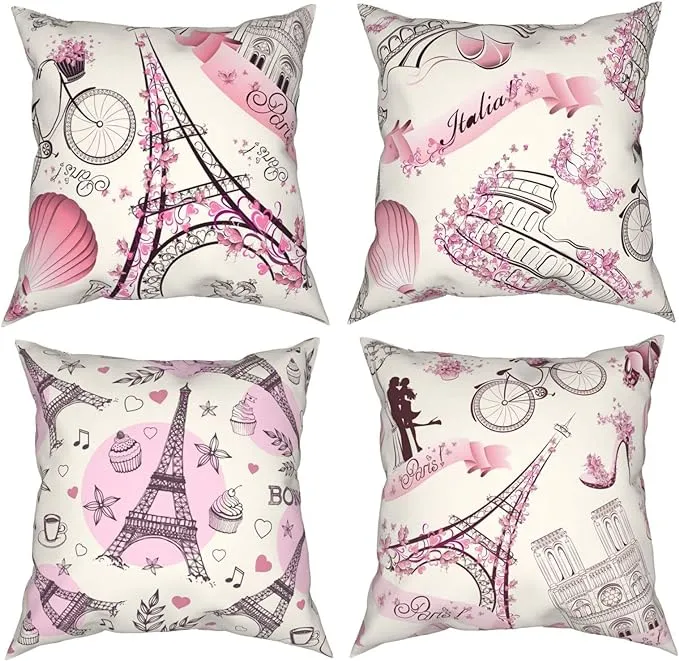 Eiffel Tower Throw Pillow Cover Set Of 4 Decorative Summer Pillowcase Romantic T