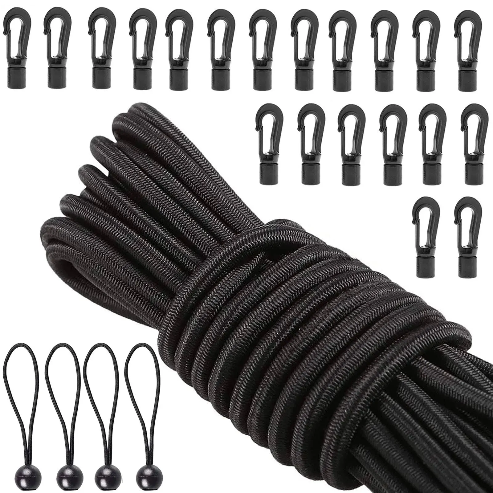  1/4&#034; x 52 ft Bungee Shock 1/4&#039;&#039; x 52ft, Black Bungee&amp; 20 Hooks&amp; 4 Bungee Balls