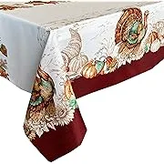 Newbridge Thanksgiving Country Turkey Rectangle Fabric Bordered Tablecloth, 52 x 70 Inch, Fall Autumn Pumpkin Harvest Leaf Toile Cottage Print, Soil Resistant No Iron Table Cover for Holiday Dining