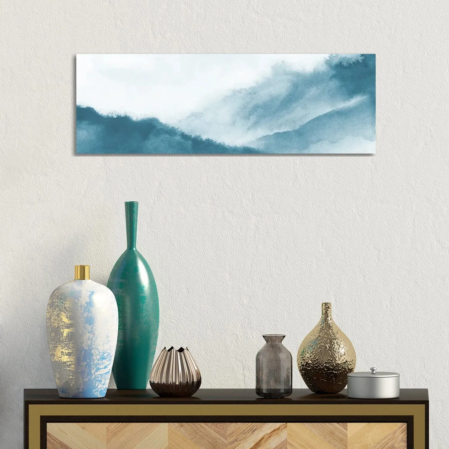 iCanvas "Misty mountains in teal watercolor - Panoramic" by Nouveau Prints Canvas Print