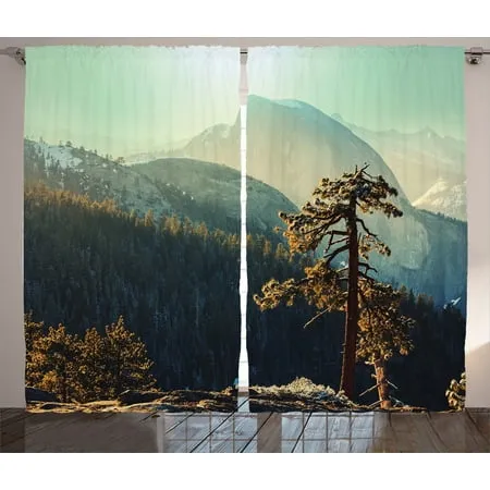 Farm House Decor Curtains 2 Panels Set Yosemite National Park Top of Mountain Misty Morning Landscapes Photo Window Drapes for Living Room Bedroom 108W X 84L Inches Teal Brown by Ambesonne