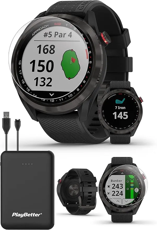 Garmin Approach S42 (Gunmetal/Black) Golf GPS Watch - Bundle with PlayBetter Portable Charger & HD Tempered Glass Screen Protectors - 42,000+ Courses, Green View True Shape, & F/M/B Yardage