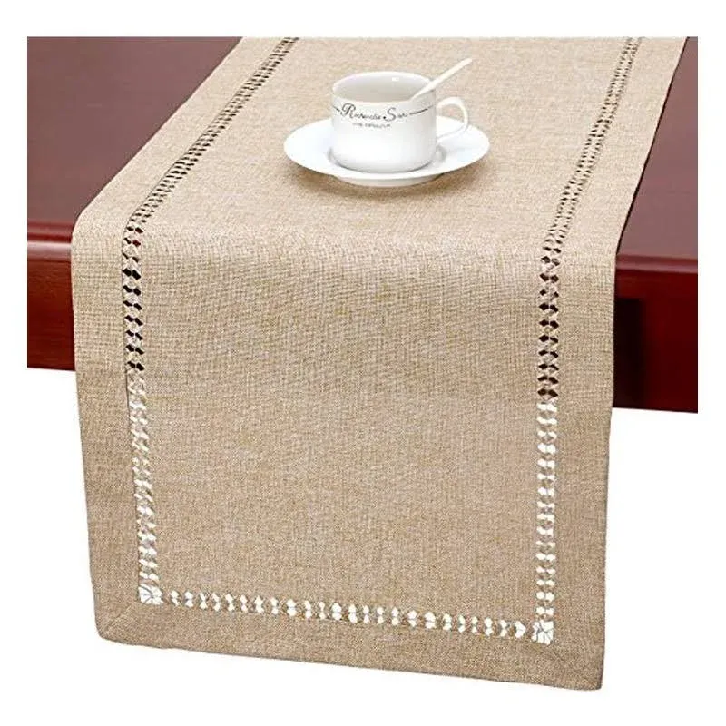 Grelucgo Handmade Hemstitch Beige Table Runner Or Dresser Scarf, 14x36, 