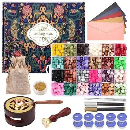 CHUHUAYUAN Wax Seal Stamp Kit with Gift Box, 24 Colors and 624 Pcs Wax Seal Beads with Wax Seal Stamp, Sealing Wax Warmer, Wax Seal Metallic Pen and E