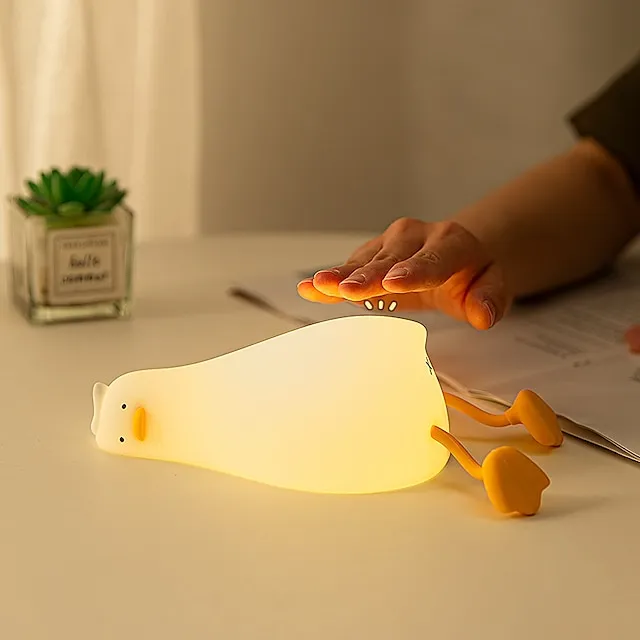 WETSTAR Veilleuse plate en forme de canard allongé, lampe LED en forme de canard spongieux, en silicone à intensité variable, lampe de chevet rechargeable pour allaitement, décoration de chambre de