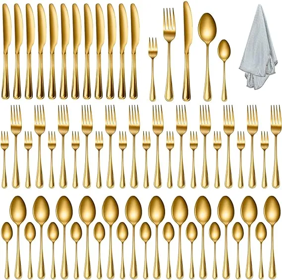 KONIGEEHRE 60 PCS Mirror Gold Silverware Set for 12, Stainless Steel Flatware Cutlery Set For Home Restaurant Hotel, Kitchen Utensils Set, Mirror Polished, Dishwasher Safe