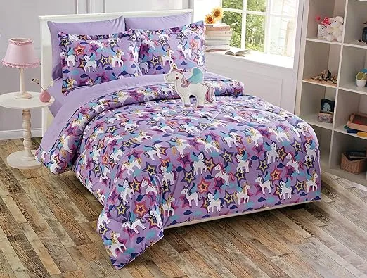 Fancy Linen 8pc Full Size Girls Comforter Set Castle Unicorn Purple Blue White ...