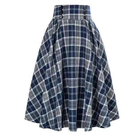 Roliyen Pleated Skirts For Women Plaid Skirts For Women Casual Plaid Skirtwith Pockets Vintage High Waist Pleated Skirt