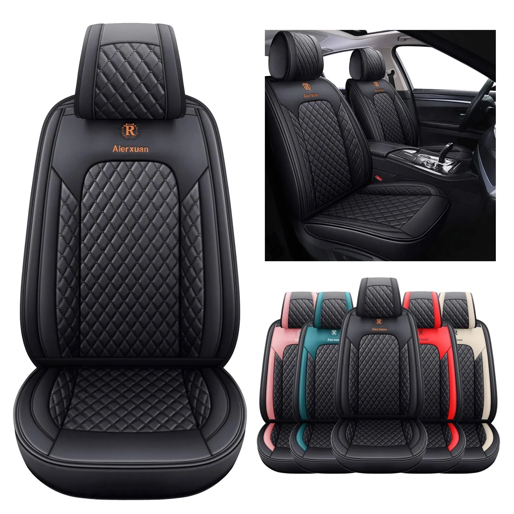 Aierxuan 2 Front Seat Covers for Women Leather Waterproof Universal for Ford Fusion Focus Edge Beetle Kia Soul C300 CC Hyundai Elantra Outlander Lexus ES350 (2 PCS Front, Black)