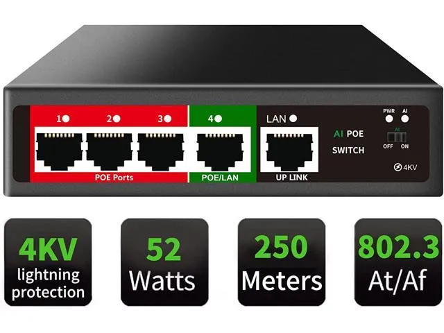 5 Port AI PoE Switch (4 POE Ports +1 Uplink), 802.3af/at PoE 100Mbps, 52W Built-in Power, Extend to 250Meter, Unmanaged Metal Plug and Play