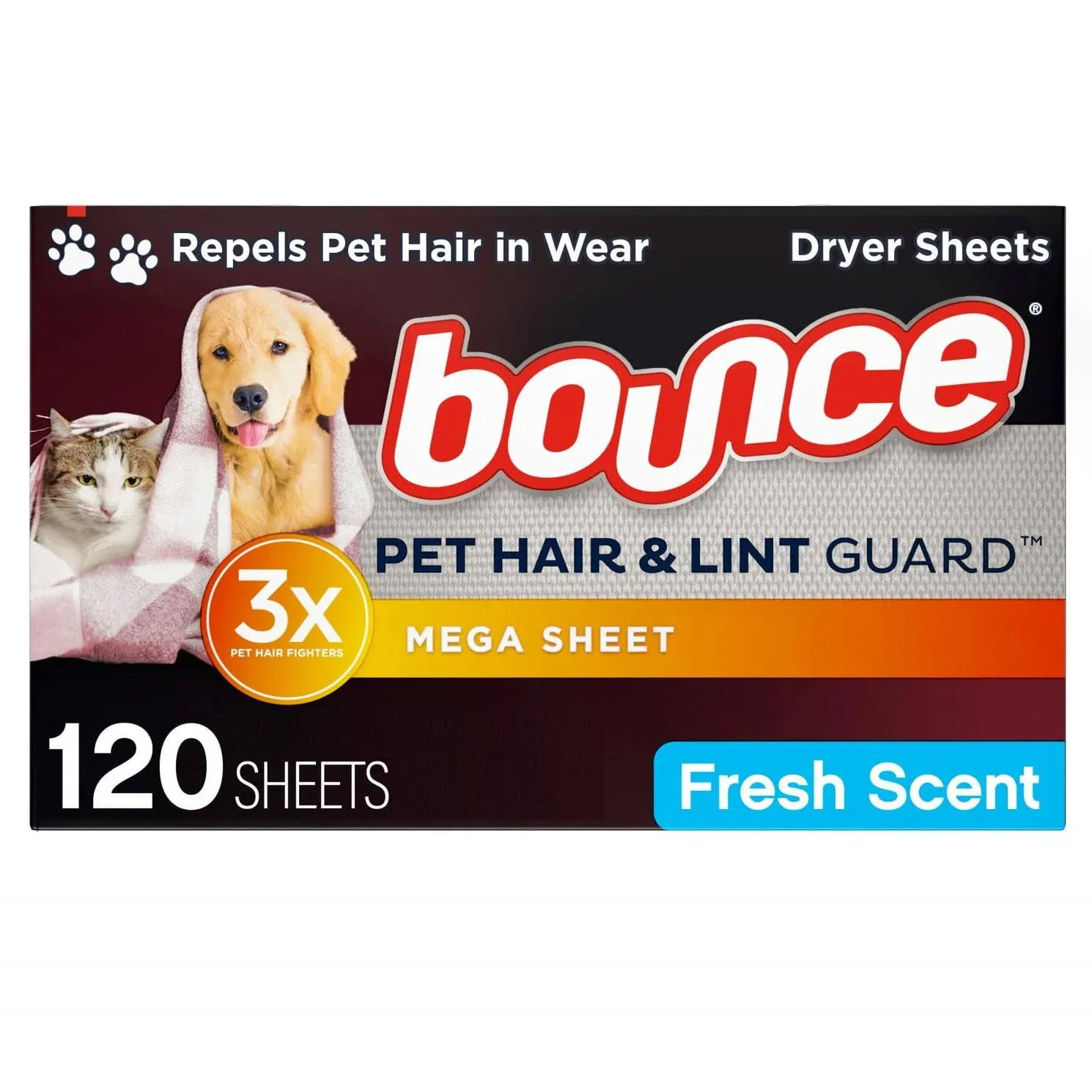 Bounce Pet Hair and Lint Guard Mega Dryer Sheets with 3X Pet Hair Fighters, Unscented, 120 Count