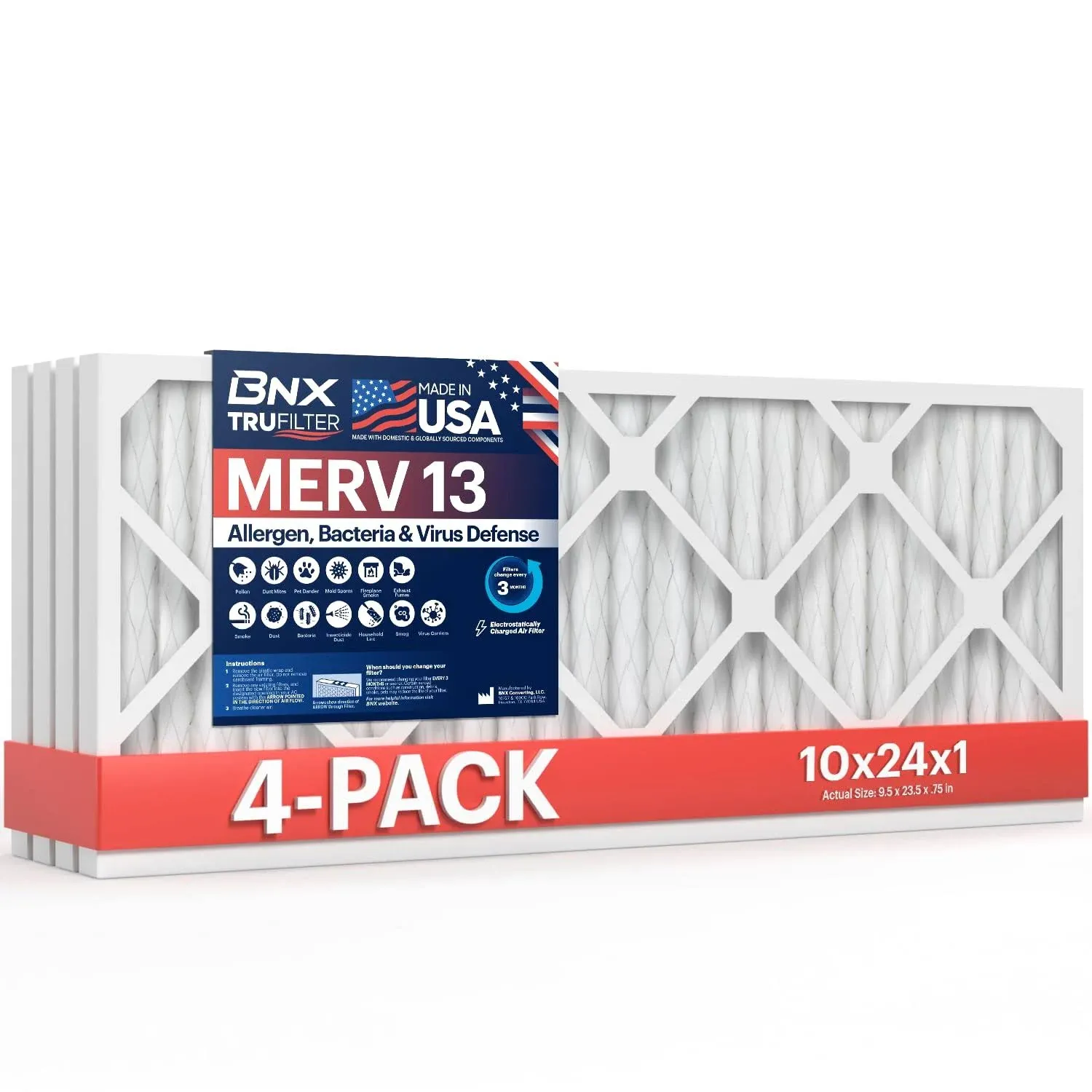 BNX TruFilter 10x10x1 Air Filter MERV 13 (6-Pack) - MADE IN USA - Electrostatic Pleated Air Conditioner HVAC AC Furnace Filters for Allergies, Pollen, Mold, Bacteria, Smoke, Allergen, MPR 1900 FPR 10