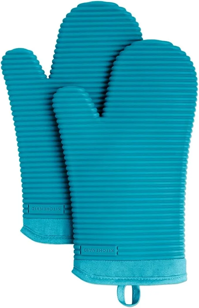 KitchenAid Ribbed Soft Silicone Oven Mitt Set, Lavender Cream 2 Count , 7.5"x13"