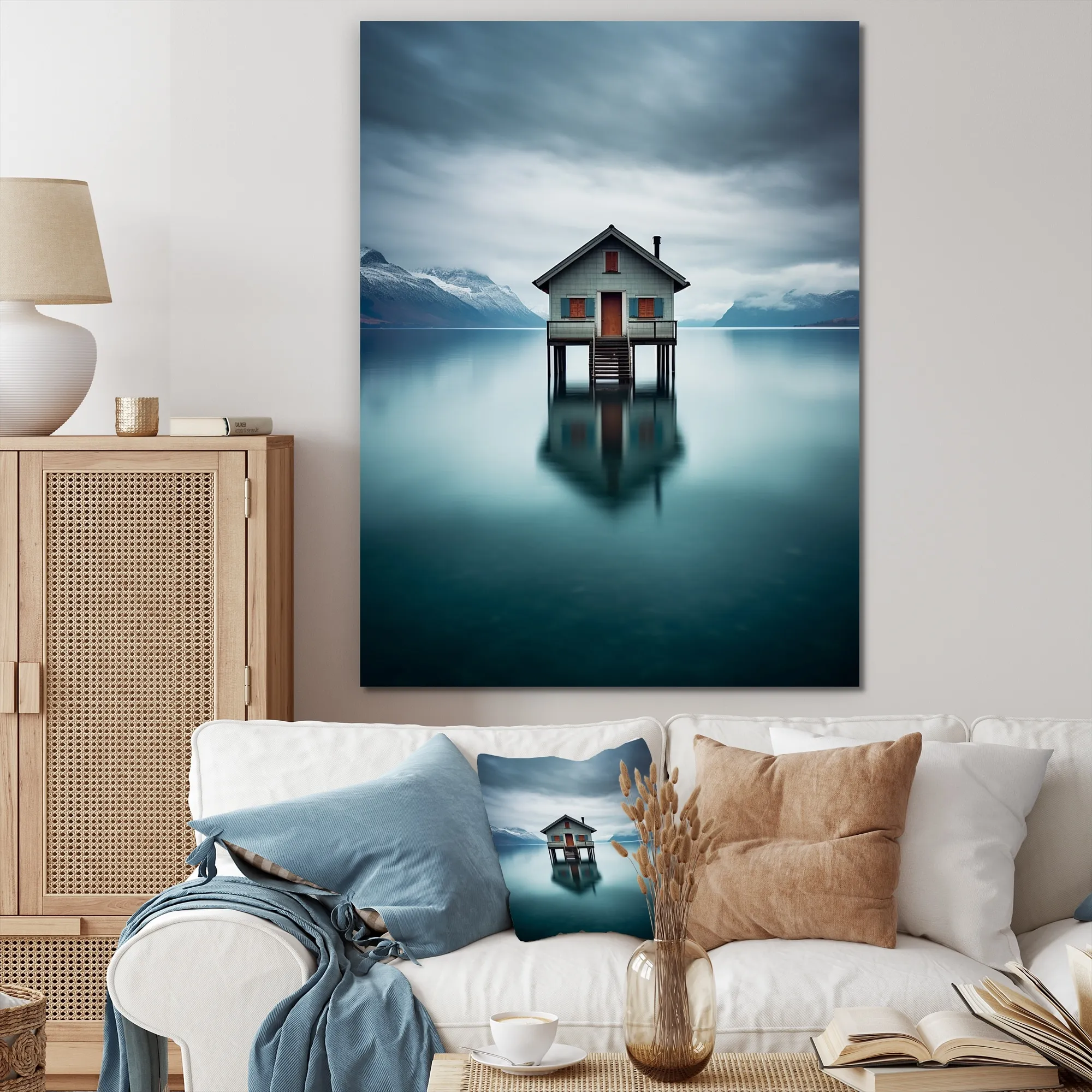 Designart "Little Wooden Lakehouse On A Misty Teal Lake Day" Lakehouse Canvas Prints