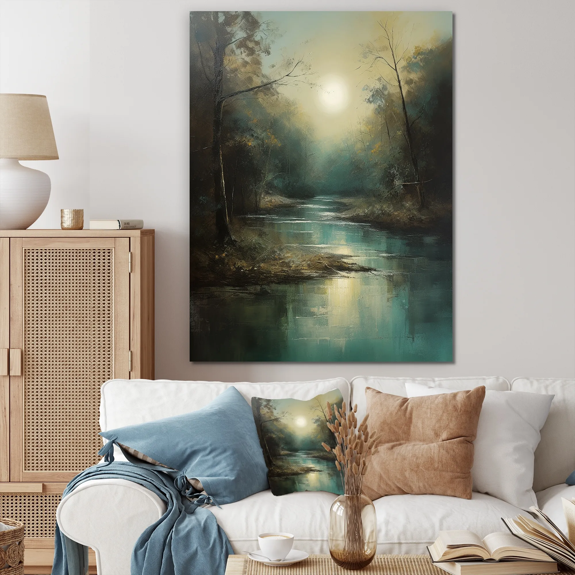 Designart "Mysterious Misty Sunset Over Teal Lake" Lakehouse Canvas Prints