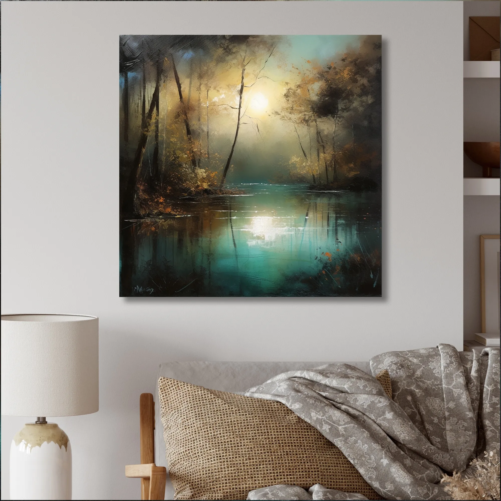 Designart "Mysterious Misty Sunset Over Teal Lake I" Lakehouse Wall Decor