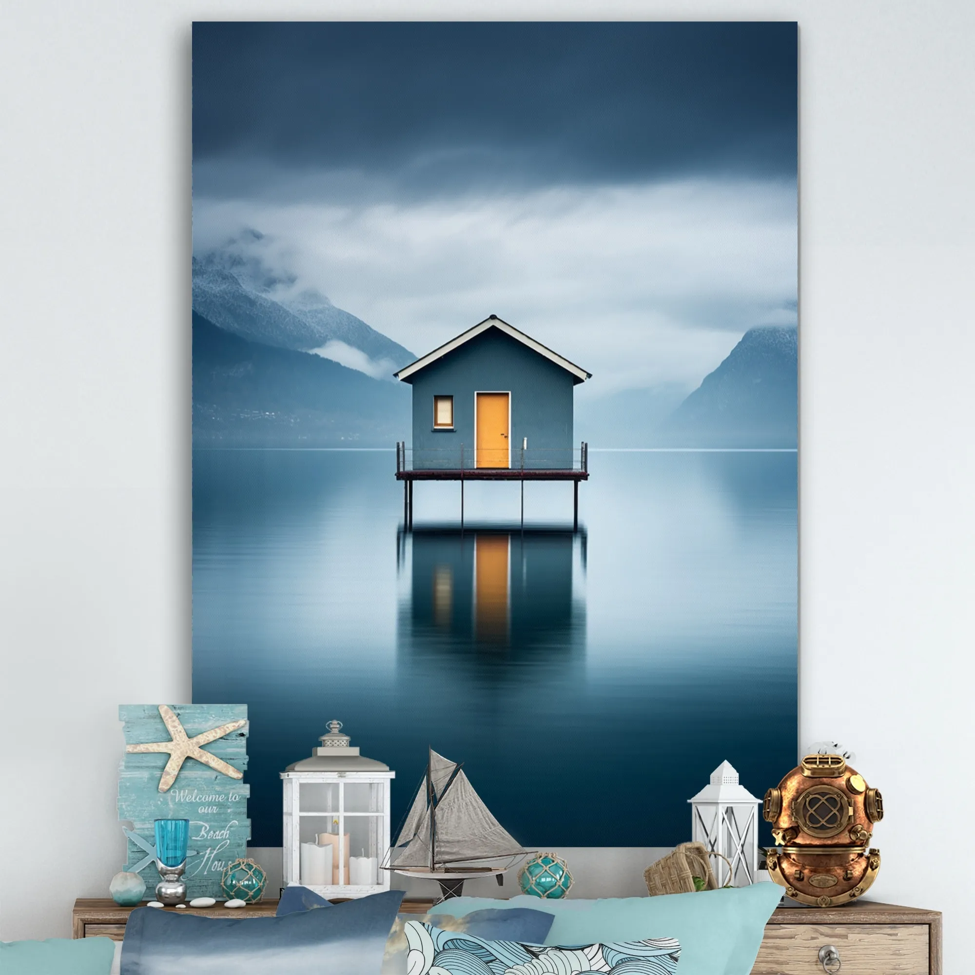 Designart "Little Wooden Lakehouse On A Misty Teal Lake Day I" Lakehouse Wall Decor