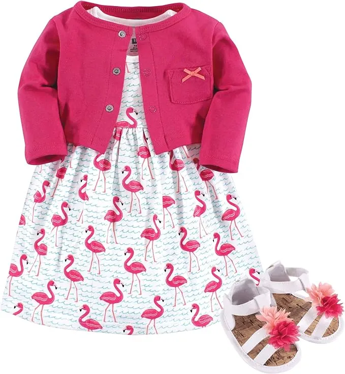 Hudson Baby Cotton Dress, Cardigan and Shoe Set Bright Flamingo / 3-6 Months