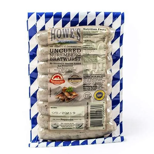 Howe's Uncured Nuremberg Bratwurst IGP (Bavarian Breakfast Links) (7 ounce) - Pack of 3