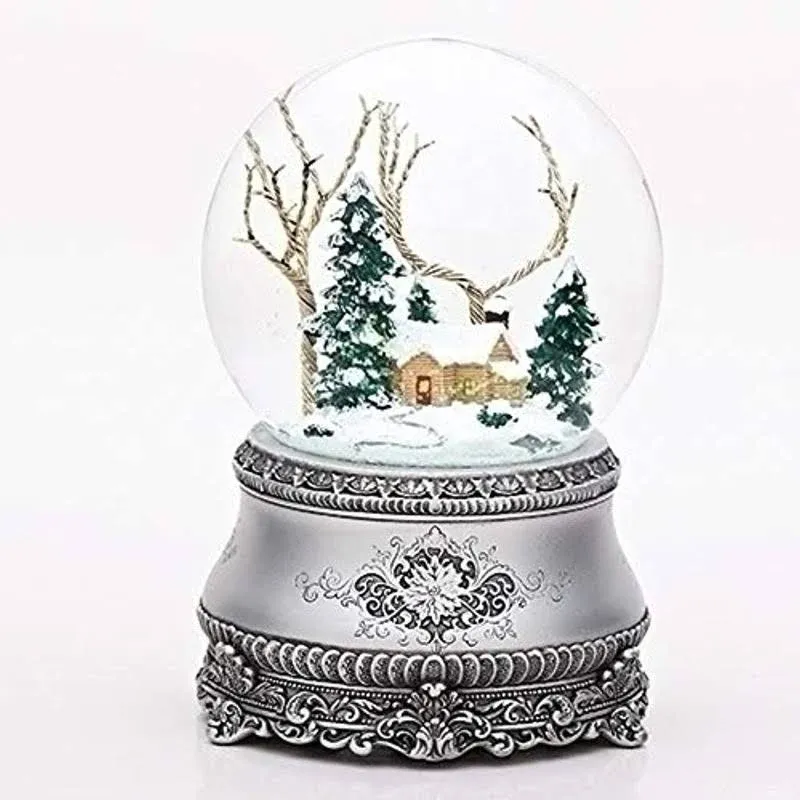 Roman 5.5" Cottage with Tree Glitter Silver Base 100mm Dome Plays I'll Be Home