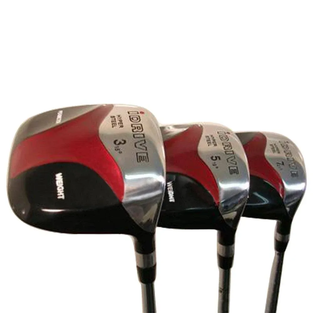 Senior Men's iDrive Red Square Anti-Slice draw Fairway 3 5 7 Wood Set Golf Clubs, Right Handed Senior Flex with Men's Senior Size Black Pro Velvet