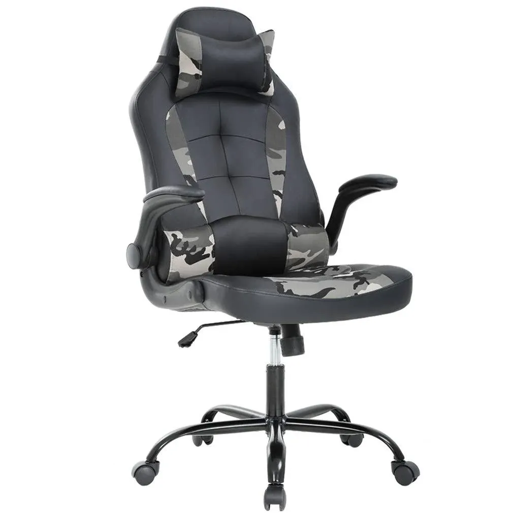 Dkeli Gaming Chair Office Chair Desk Chair Ergonomic High Back Computer Chair with Lumbar Support Flip-up Arms Headrest PU Leather Swivel Task Executive Chair