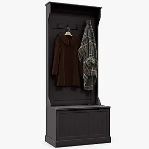 HOMCOM 3-in-1 Entryway Hall Tree with Storage Bench, Coat Rack, Four Hooks, and