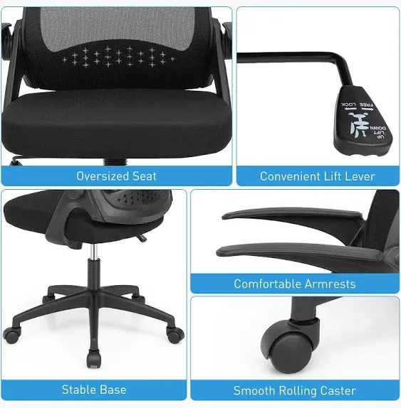 Giantex Mesh Rolling Office Chair w/Flip-up Armrest Adjustable Ergonomic Desk Chair Task Computer Chair w/Lumbar Support Rocking Backrest Executive Chair for Home Office Black