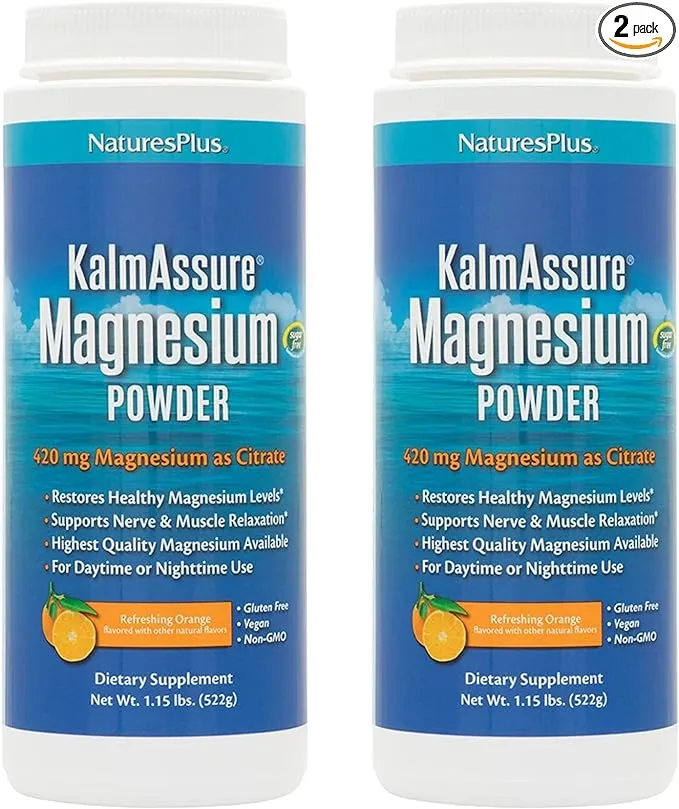 NaturesPlus KalmAssure Magnesium Powder - 1.15 lb - Orange Flavor - Supports Nerve and Muscle Relaxation - Non-GMO, Gluten Free, Vegan - 60 Servings