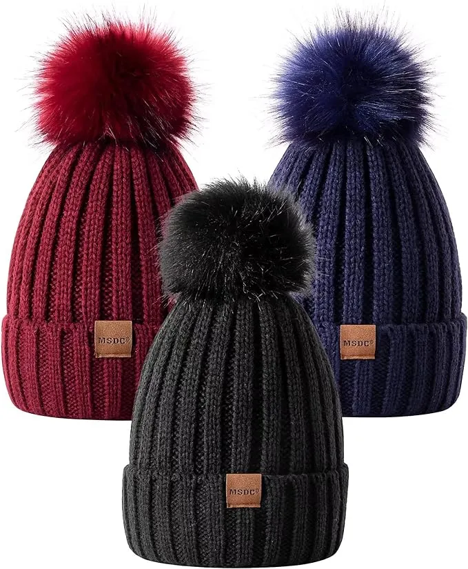 MSDC Beanie for Women with Pom Pom 3 Pack, Winter Hats for Women Fashion Knit Warm Skull Cap, Womens Beanie for Cold Weather