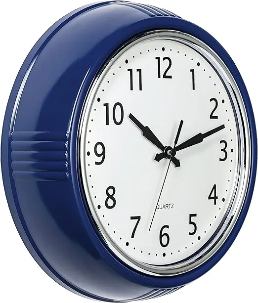 Bernhard Products Retro Wall Clock 9.5 Inch Navy Blue Kitchen 50's Vintage Design Round Silent Non Ticking Quality Quartz Battery Operated Easy to Read Decorative Clocks for Home Office Living Room