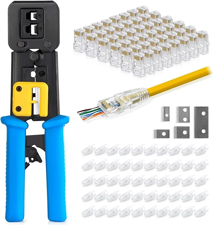 Everest Media Solutions RJ45 Crimp Tool Kit, With 50 Cat6 Pass Through Connectors and 50 Strain Relief Boots + Extra blades - EZ Cut, Strip, Crimp Ethernet Cables - Professional Network Crimping tool