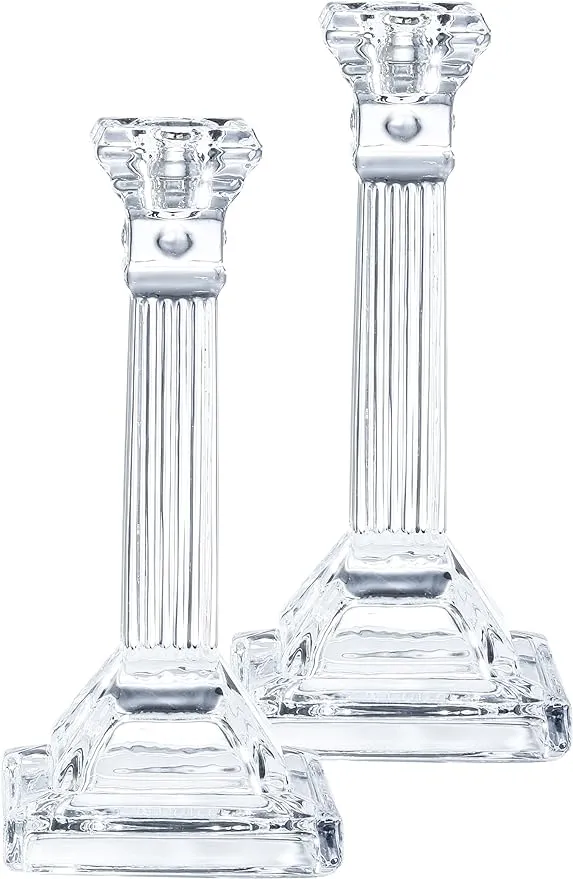 Ner Mitzvah Crystal Candle Holder Set of 2 - Crystal Glass 8" Tall Candlestick Holders for Taper Candles