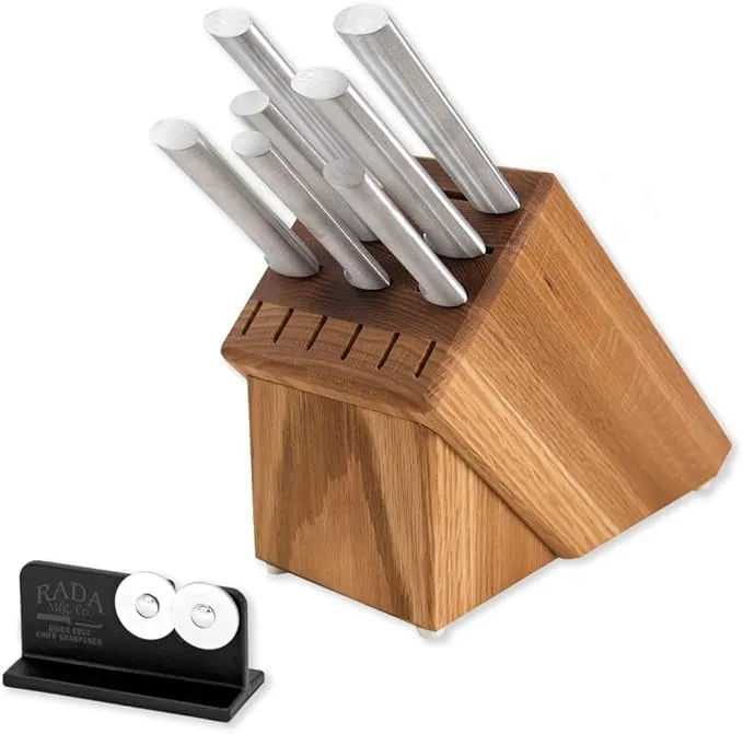 RADA Essential Oak Block Set of 8 Silver Handled Knives With Knife Sharpener