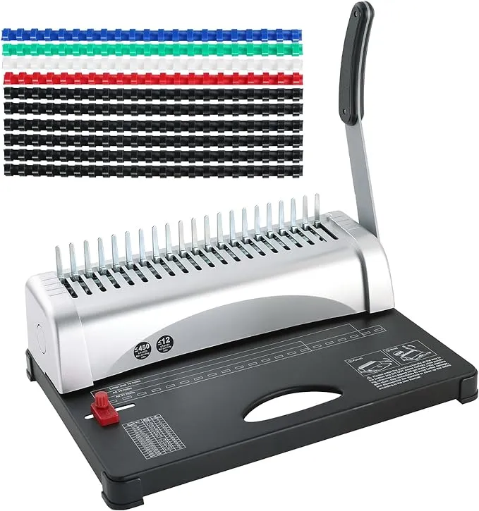 Binding Machine | 21 Holes Punch Binding Comb Machine, 450 Sheets, Paper Punch Binder with Starter Kit 100 PCS 3/8'' PVC Comb Bindings for Letter Size, A4, A5 or Smaller Sizes Office Documents