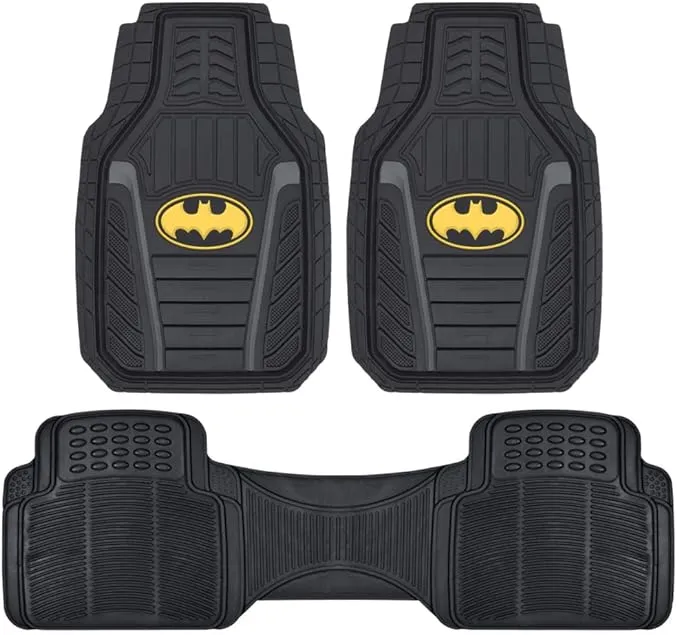 BDK Warner Bros DC Comics Armored Batman Heavy Duty No-Slip Grip All-Weather Car Mats Car Accessories - Custom Fit Rubber Floor Mats - 2 Front Mats (27” x 18”), 1 Rear Liner (18” x 58”)