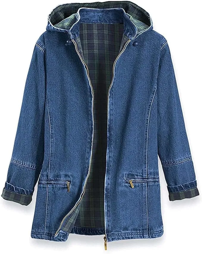 Sagefinds Women’s Flannel Lined Denim Jacket | Detachable Hood | Zip Front and Side Pockets | 100% Cotton | Size Large