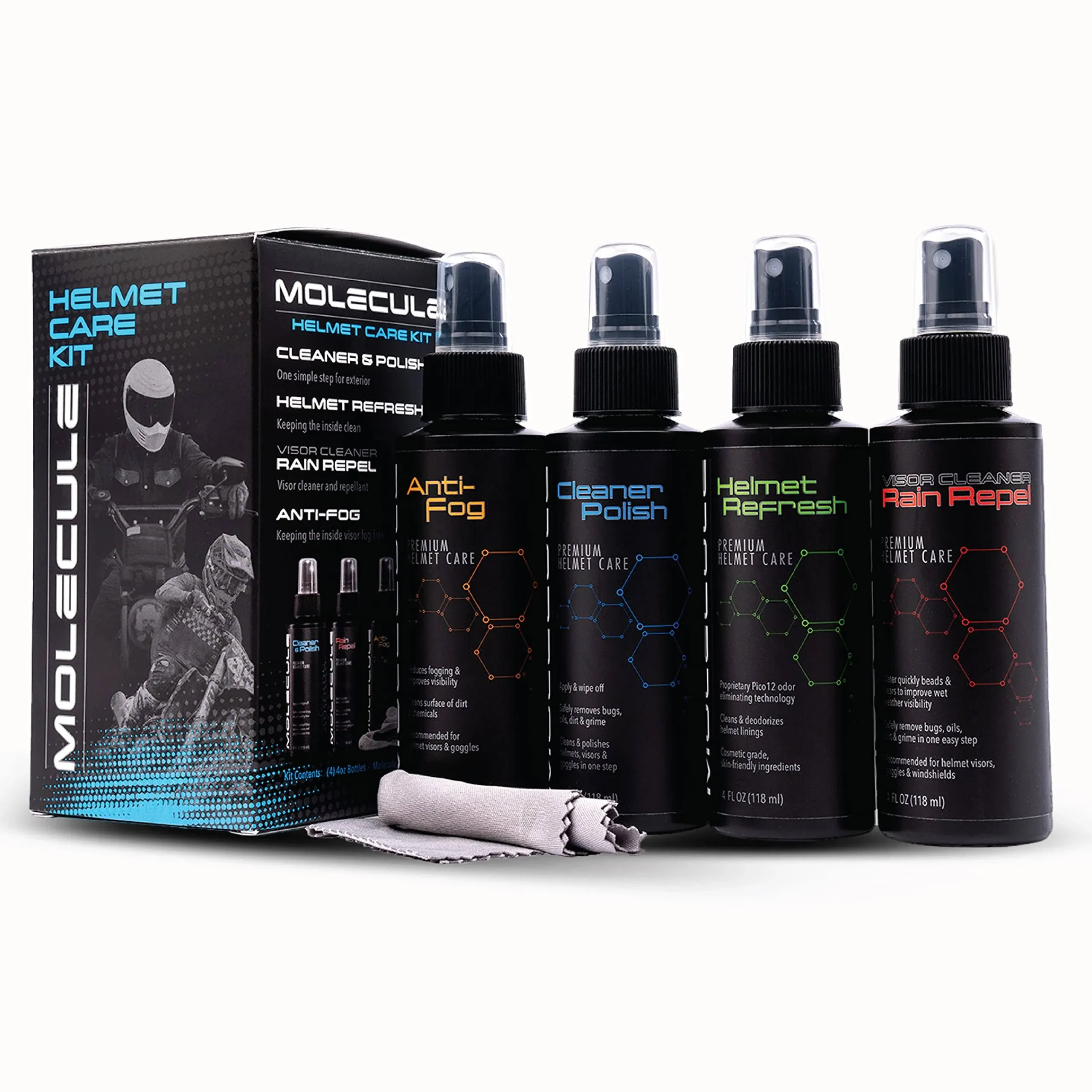 Molecule Helmet Care Kit, Anti-Fog, Cleaner Polish, Refresh, and Rain Repel,...