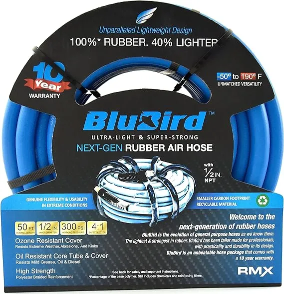 BLUBIRD BB1250 1/2" x 50' Rubber Air Hose, 100% Rubber, Lightest, Strongest, Most Flexible, 300 PSI, 50F to 190F Degrees, Ozone Resistant, High Strength Polyester Braided